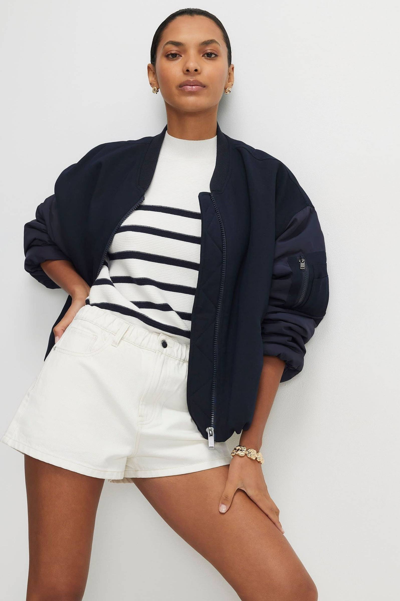 High Rise Elasticated A Line Denim Shorts - Creme