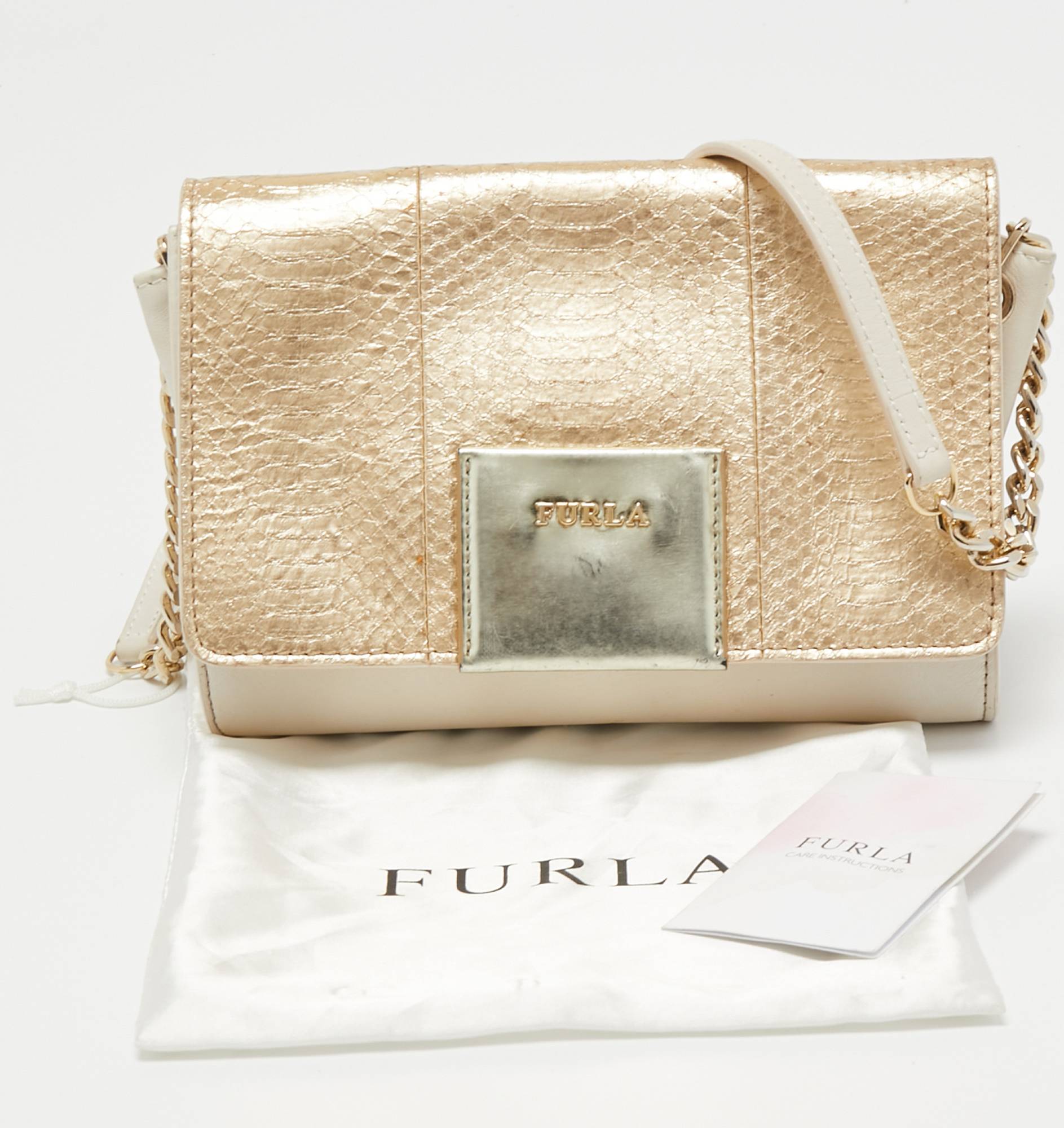 Furla Gold Cream Leather Python Embossed Leather Shoulder Bag