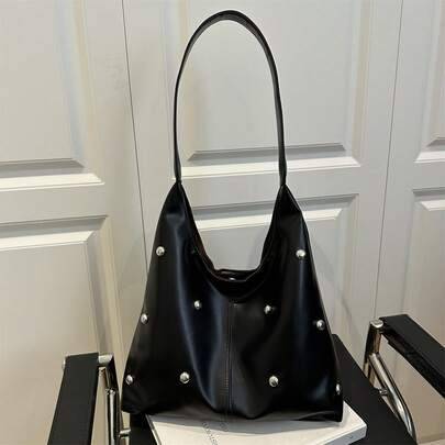 Shein Fashion Matte Solid Color Punk Rivet Commuter Tote Bag - Punk