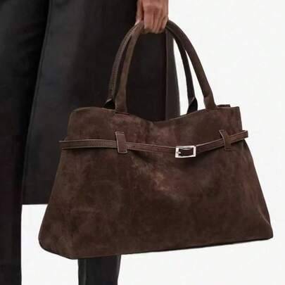 Shein Butfly Retro Large Capacity Suede Handbag - Solid Color