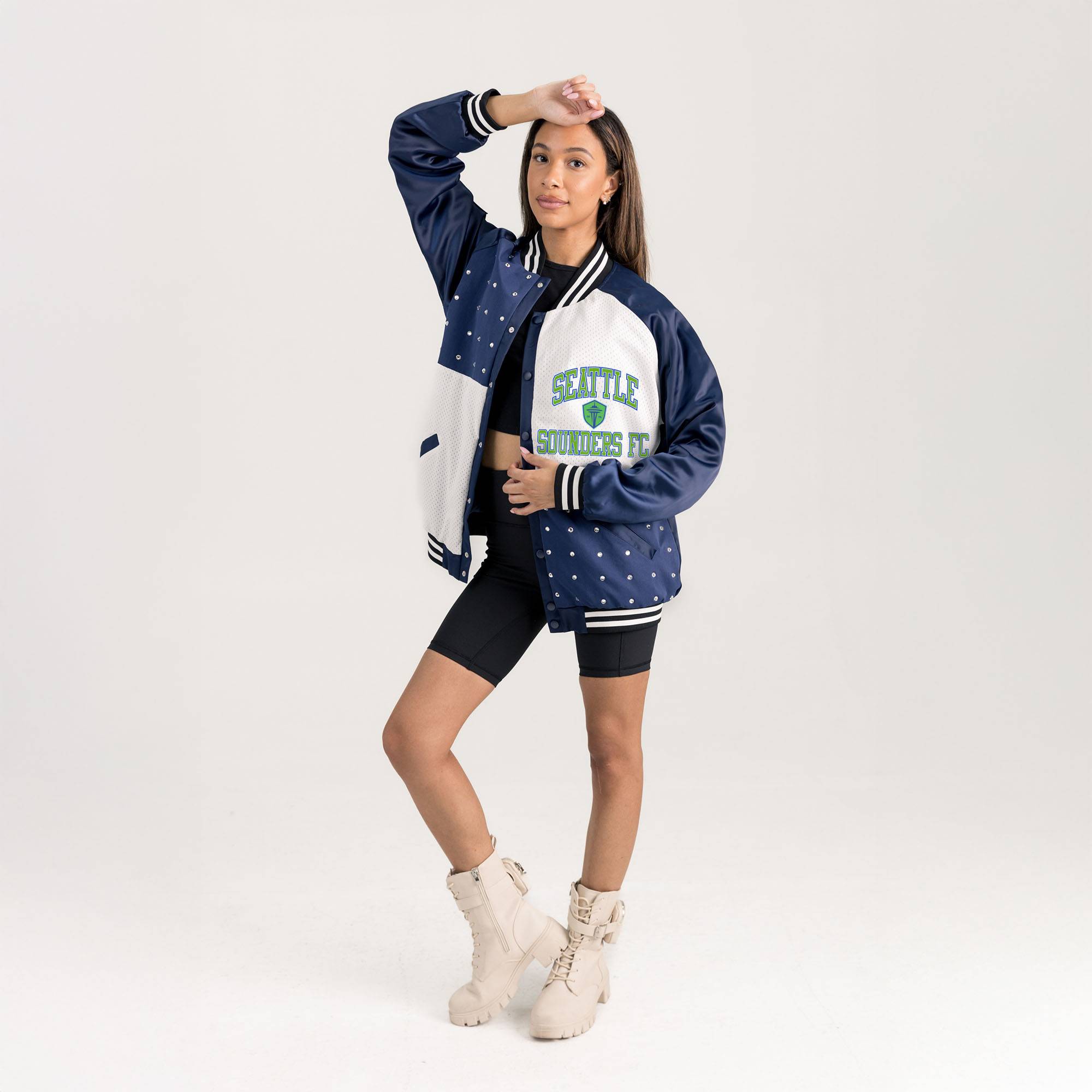 Gameday Couture Seattle Sounders FC Refined Rivalries Rhinestone Raglan Jacket - Navy