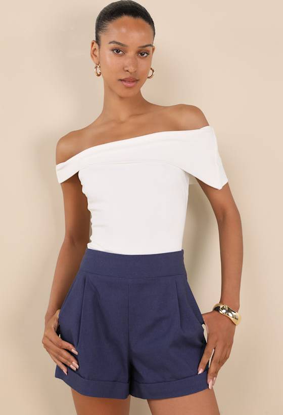 Lulus Navy Pleated High-Rise Shorts