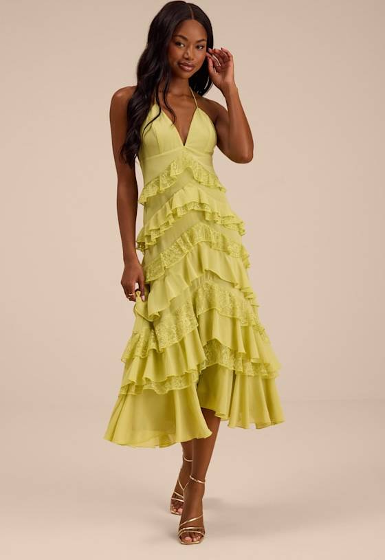 Lulus Ruffled Lace Midi Dress - Melena Chartreuse