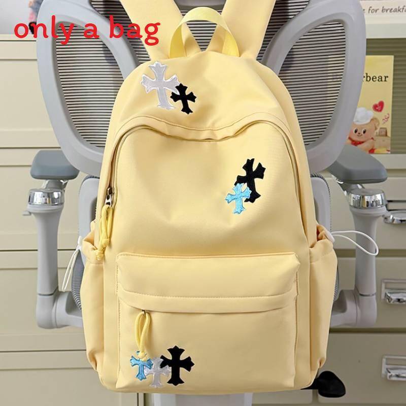 Nylon School Backpack With Breathable Padding Cross Design Embroidery - Yellow