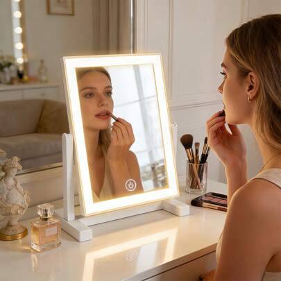 Shein 3-Color LED Makeup Mirror Adjustable Brightness Rechargeable Touch Control Modern Style With Front Light