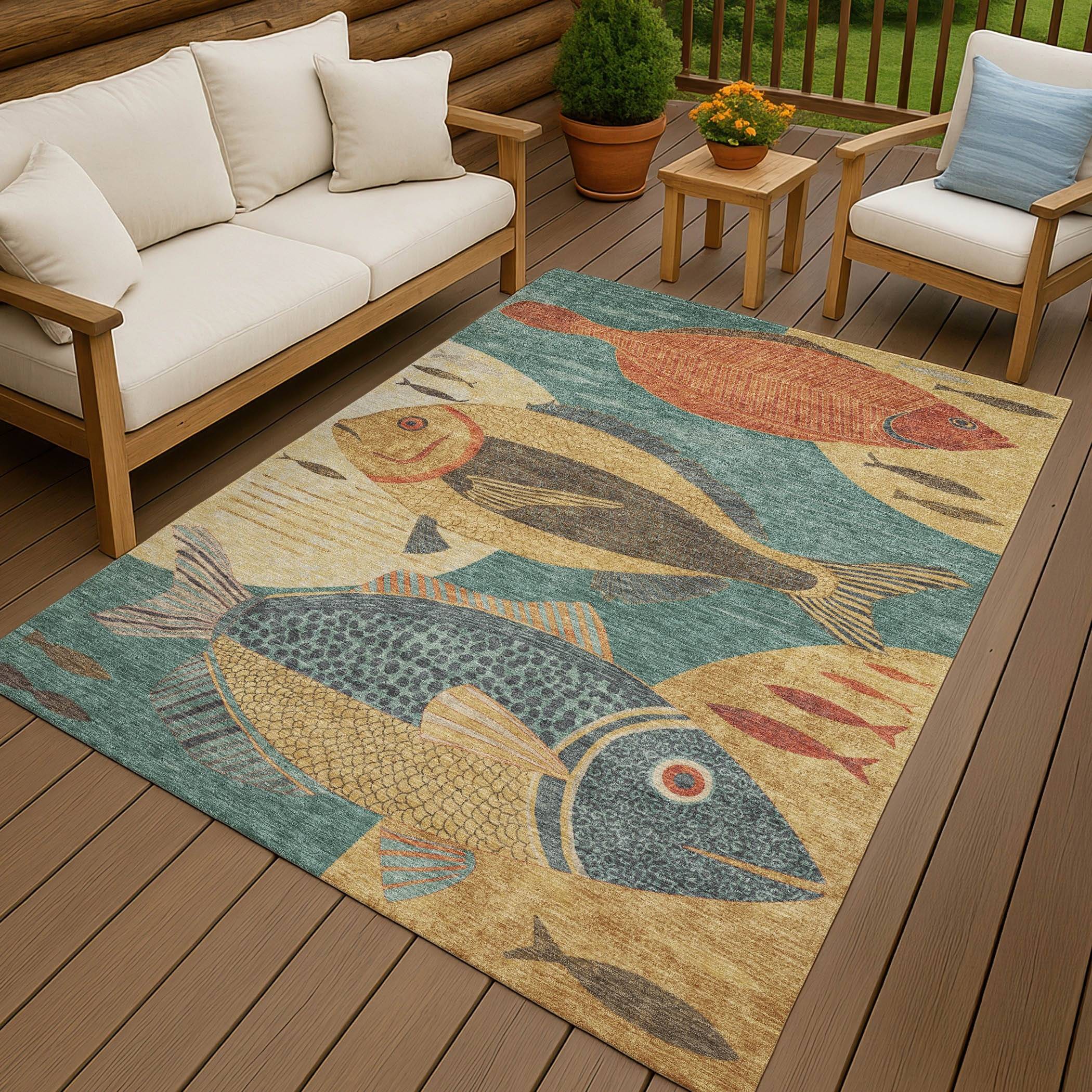 Addison Rugs Machine Washable Indoor Outdoor Modern Fish Chantille Rug Blue