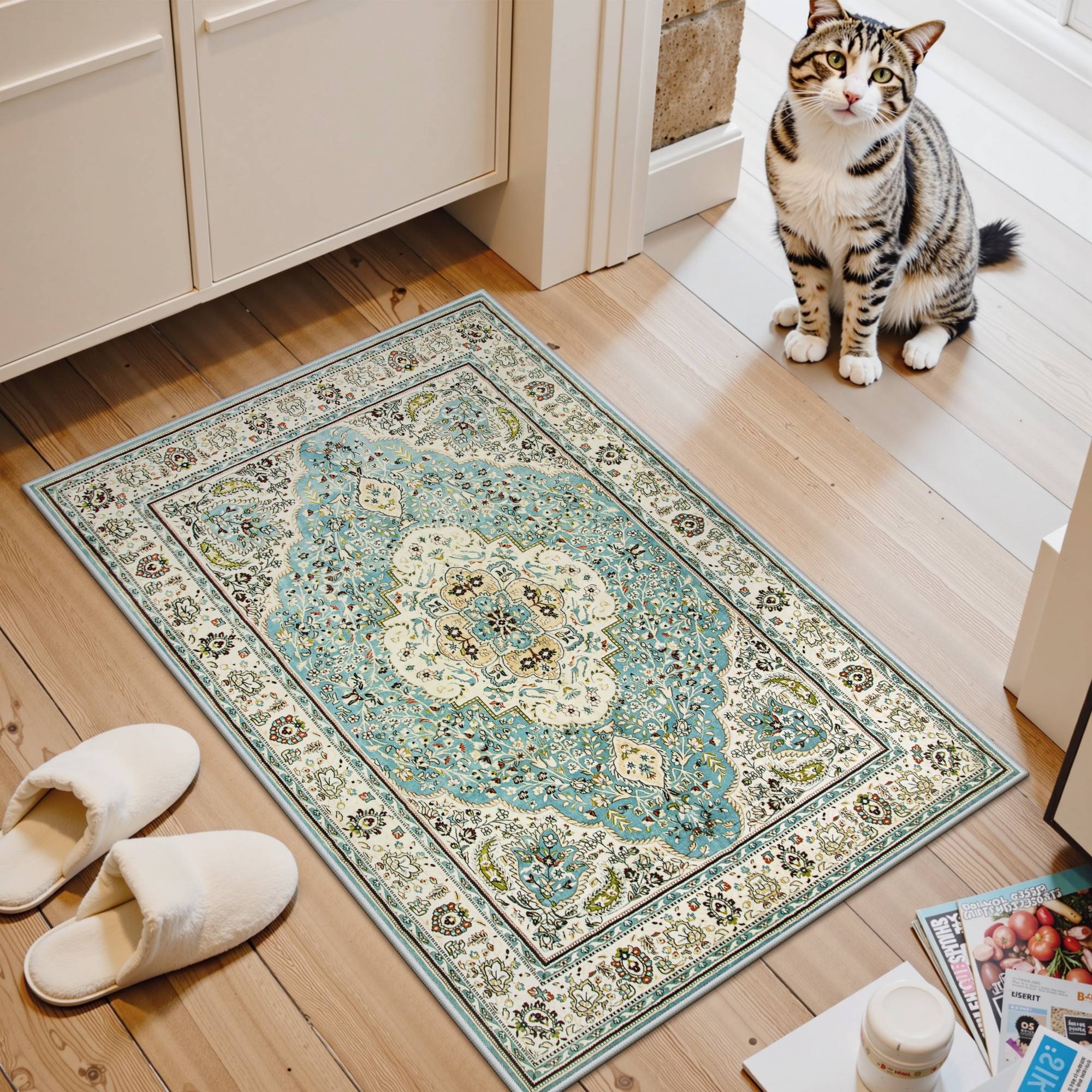Blue Washable Traditional Abstract Non Slip Area Rug 2x3 ft