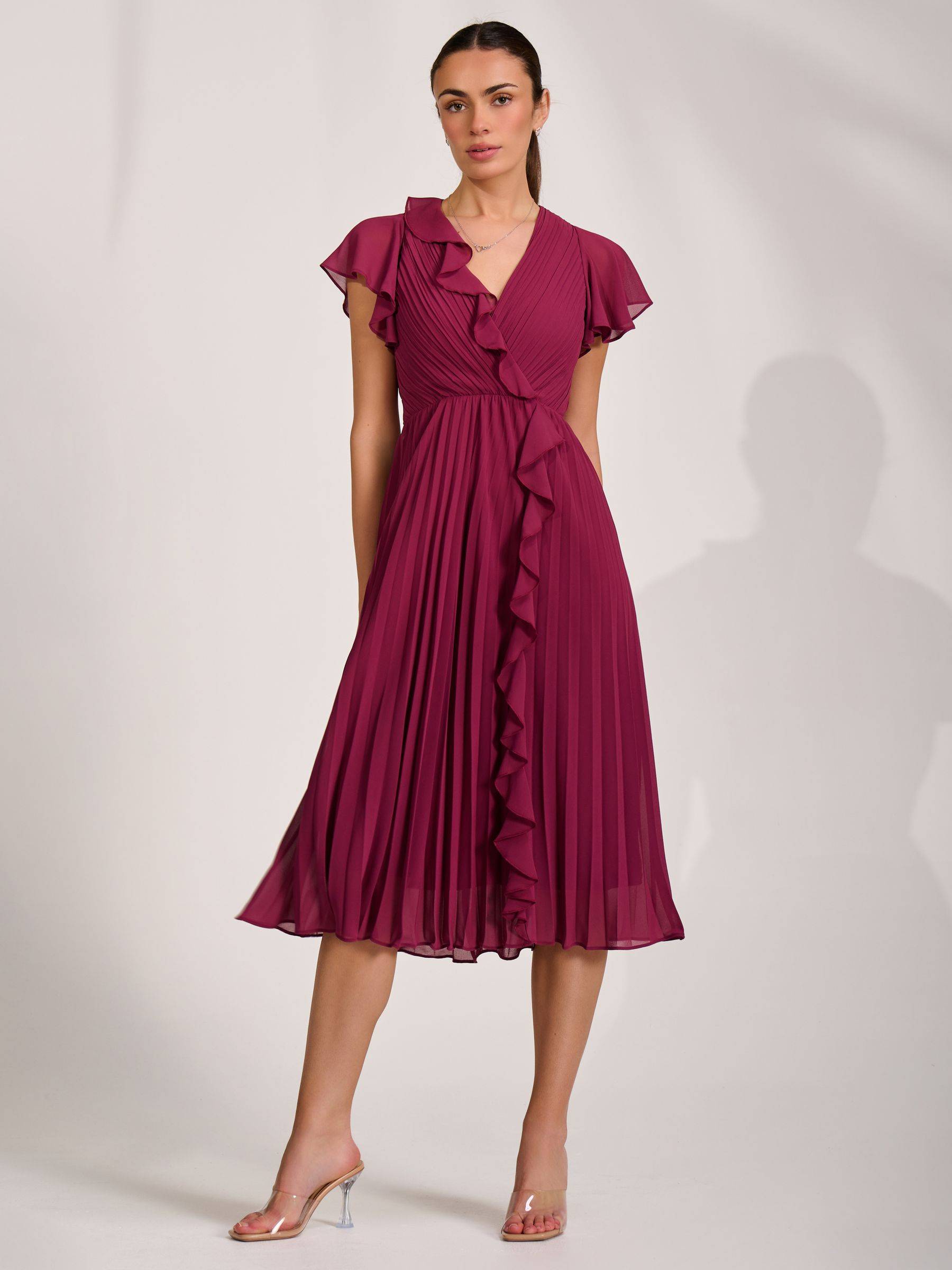 Jolie Moi Ruffle Pleated Chiffon Midi Dress - Raspberry