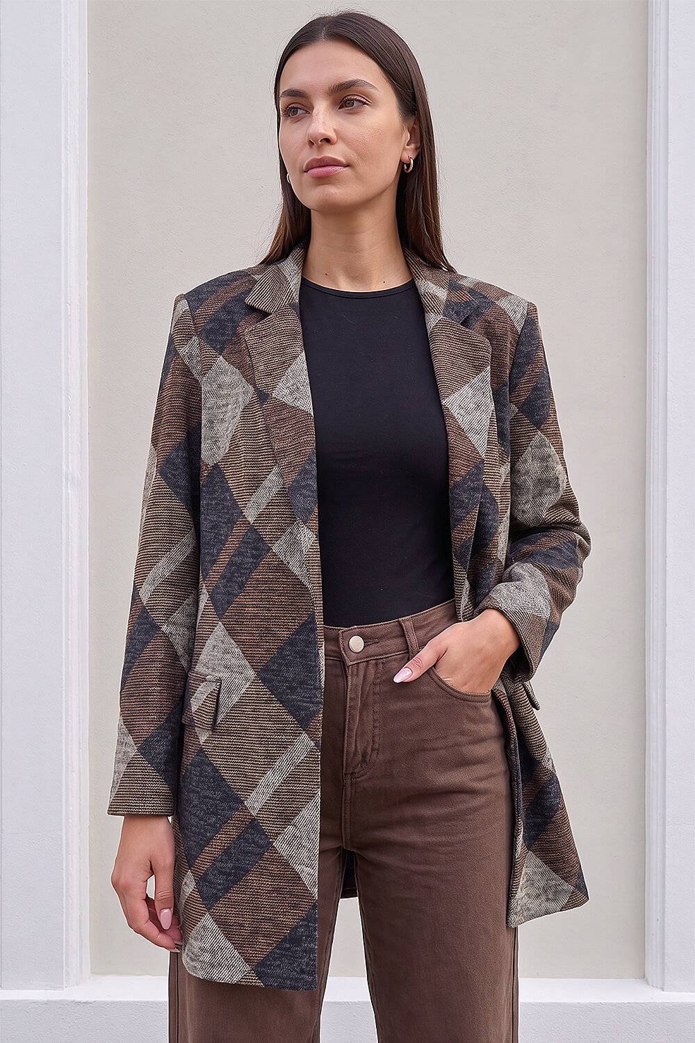 Roman Check Edge To Edge Jacket - Coffee