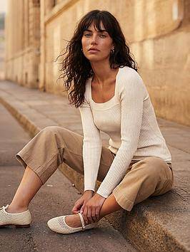 Roman Square Neck Ribbed Knit Top - White