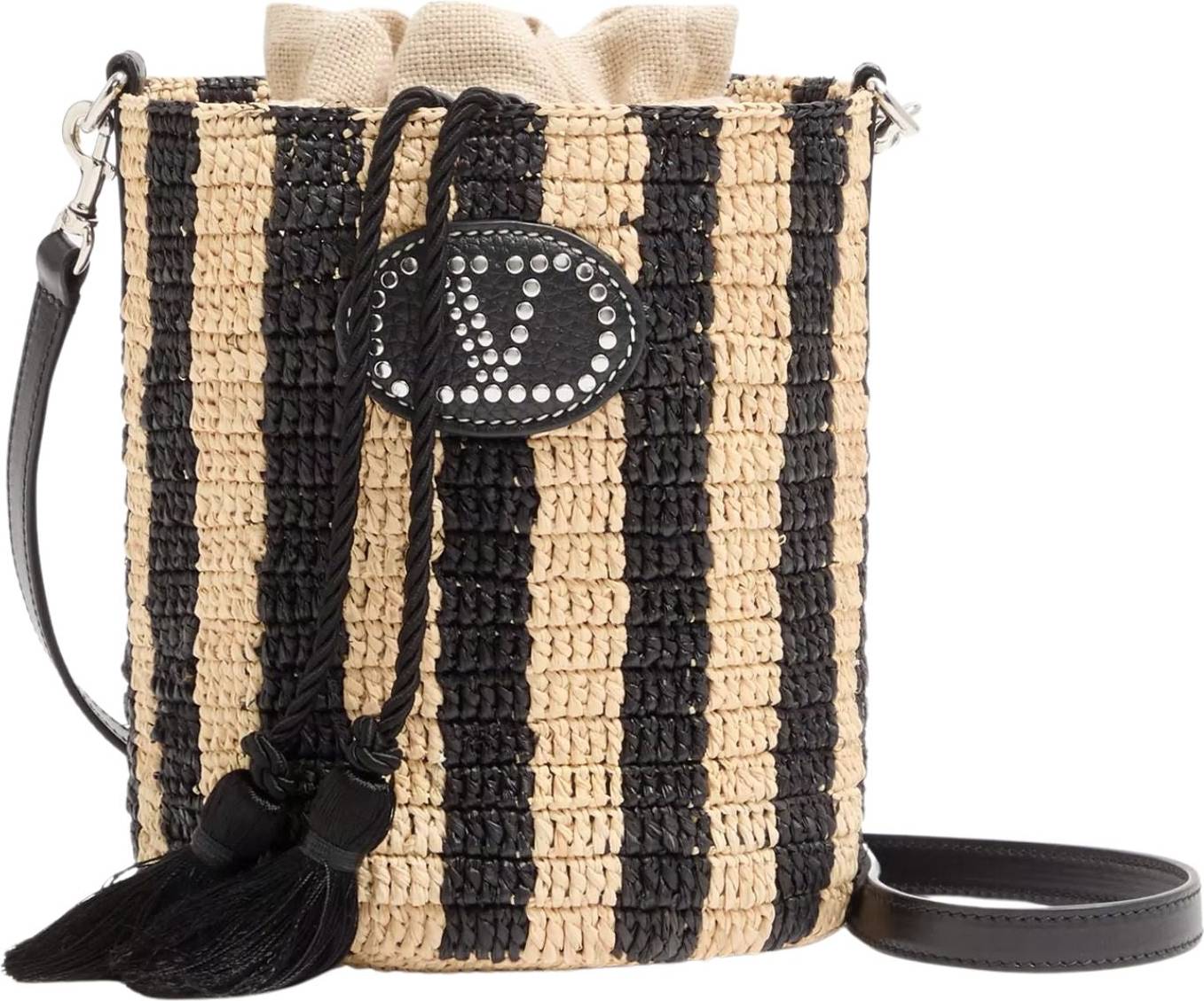 Valentino Garavani Raffia Bucket Handbag with Drawstring Closure - Multicolor