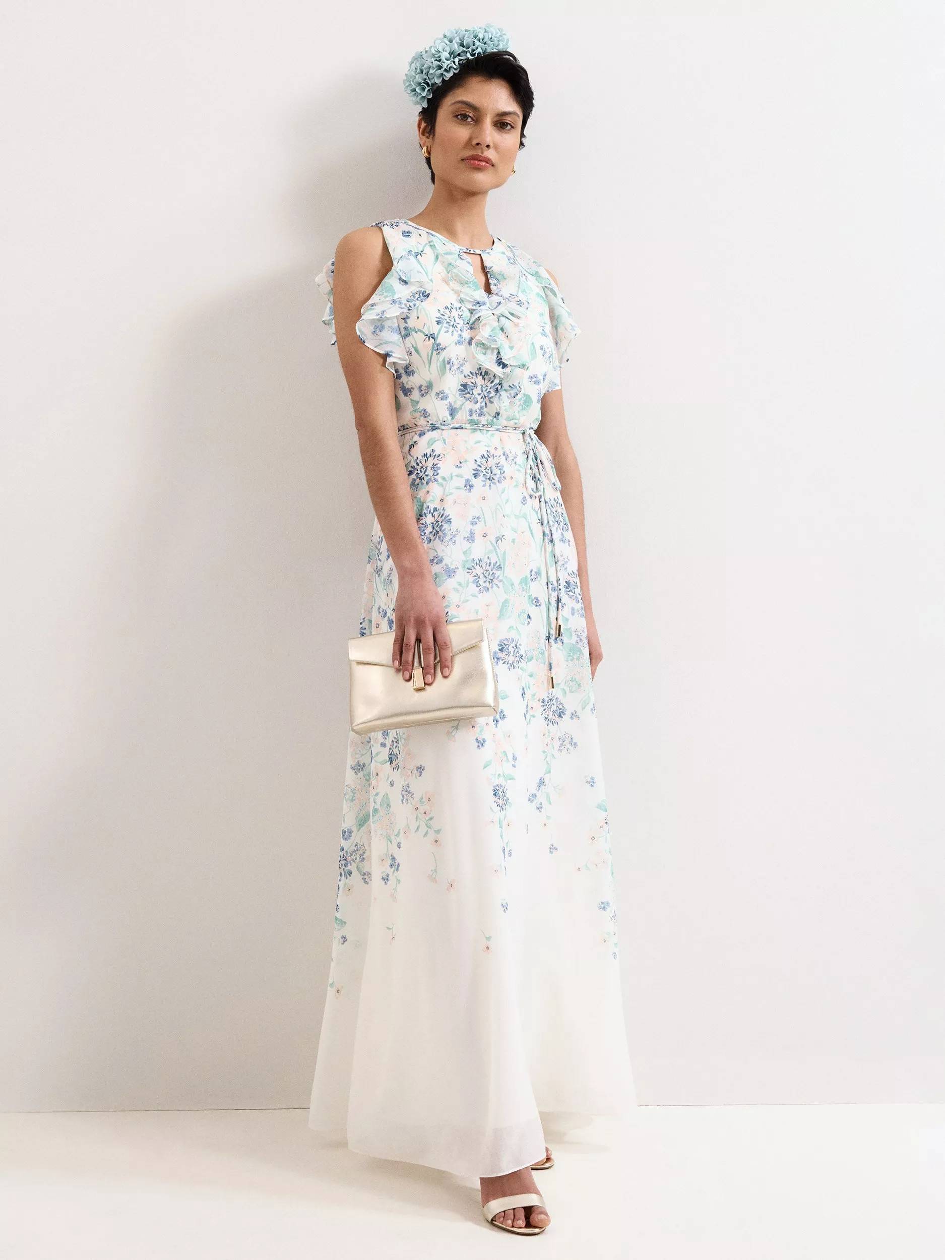 Phase Eight Floral Ruffle Detail Maxi Dress - Ivory/Multi