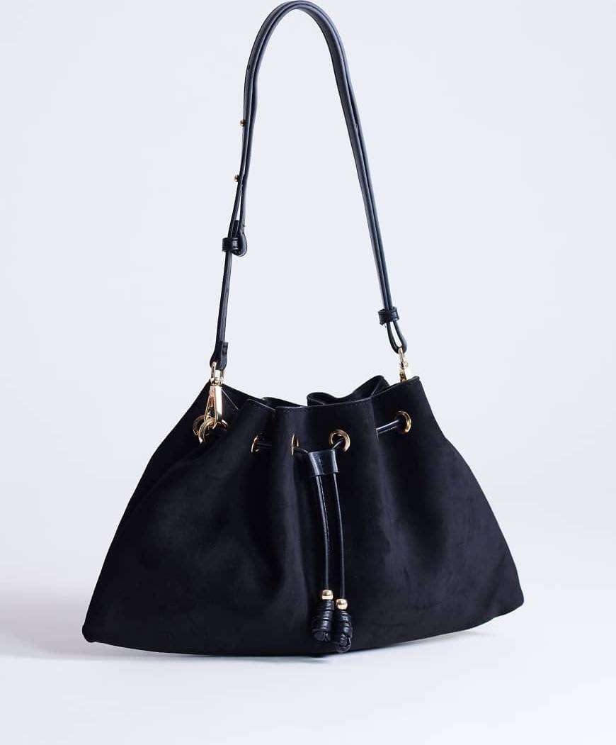 Topshop Sammy Medium Ruched Drawstring Shoulder Bag - Black