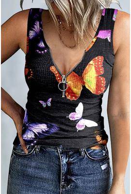 Print Ribbed Half Zip Blouse