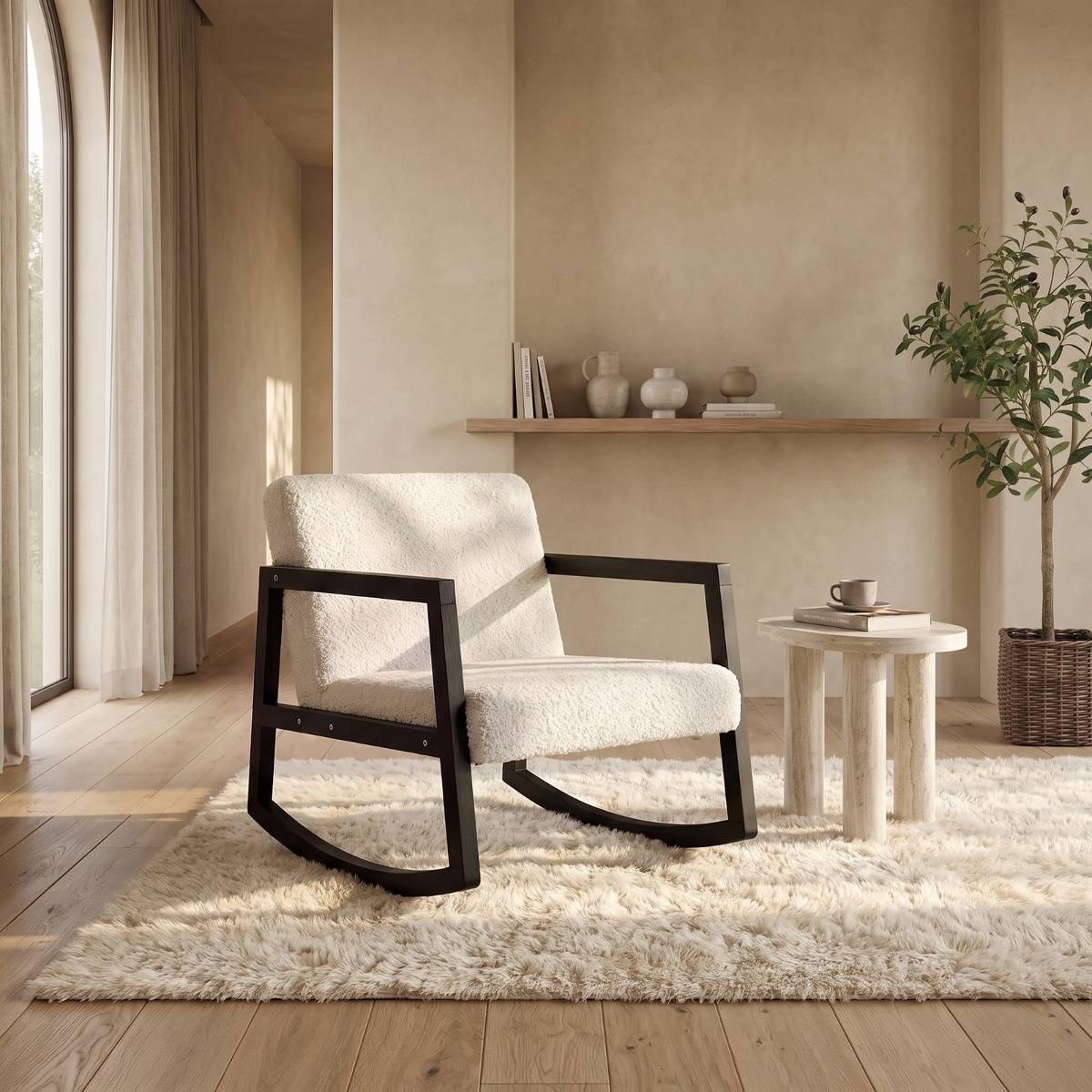 OHS Wood Frame Boucle Rocking Chair Cream Black Rocking Chair