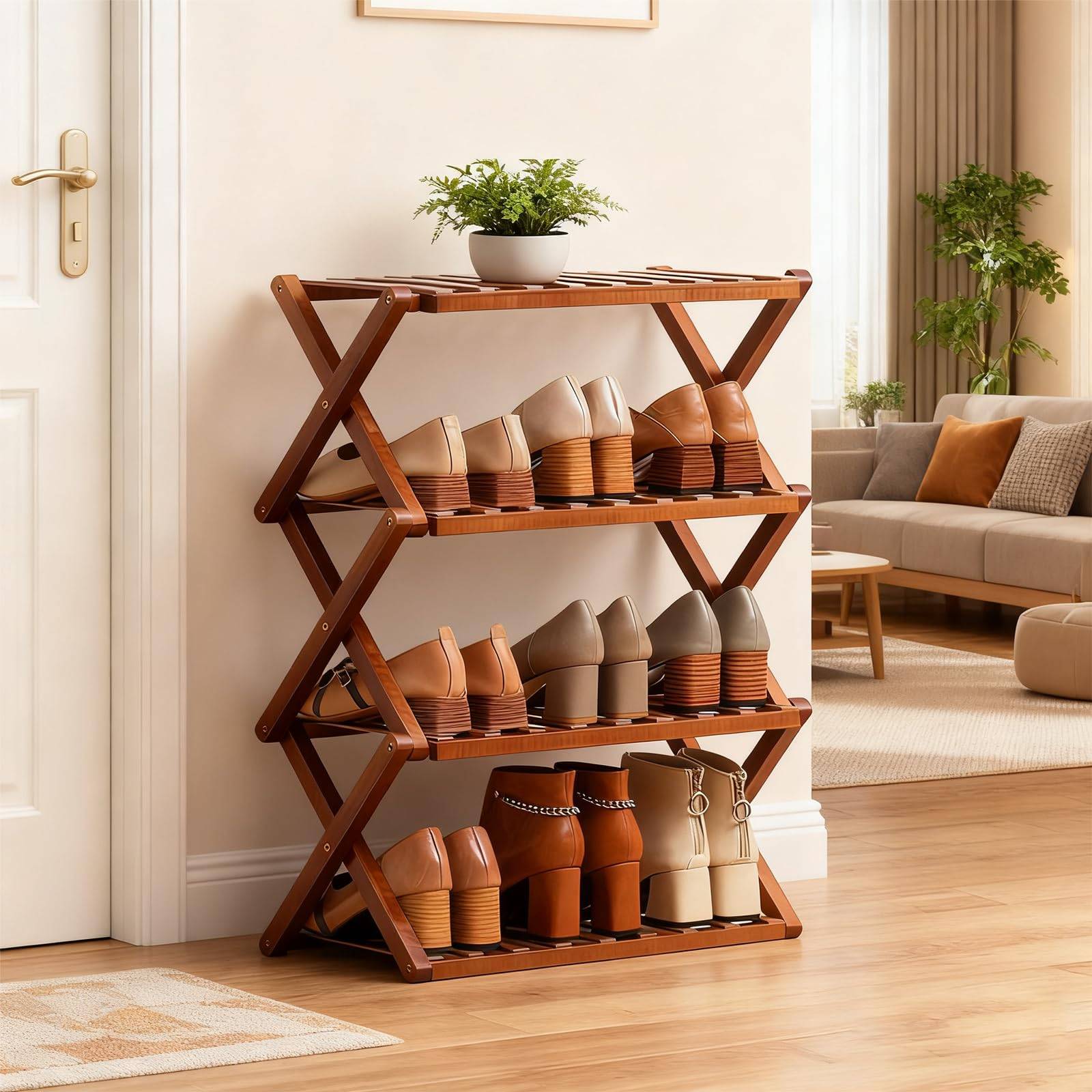 Xudrez Vertical Shoe Rack 4 Tier Bamboo Shoe Rack