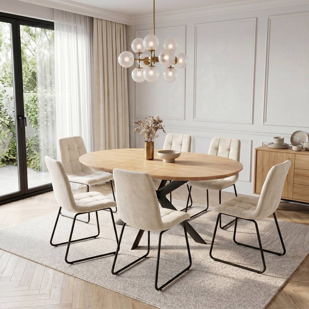 Metro Lane Extendable Round Dining Table Set 6 Beige Table 7pcs