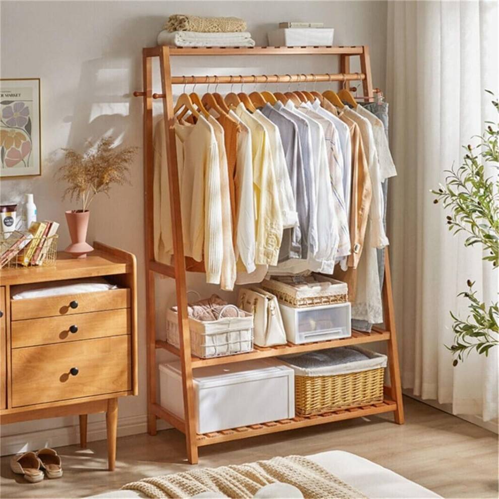 Bamboo Clothes Rail Rack With 3 Storage Shelves