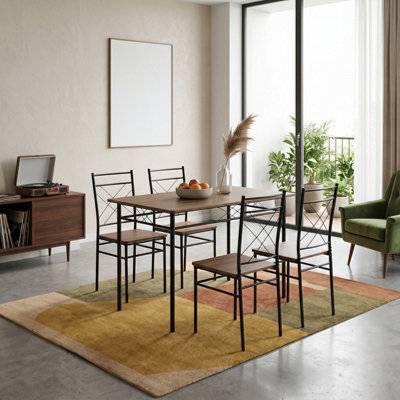 Living and Home Modern Oak Rectangular Dining Table Chair Set Table