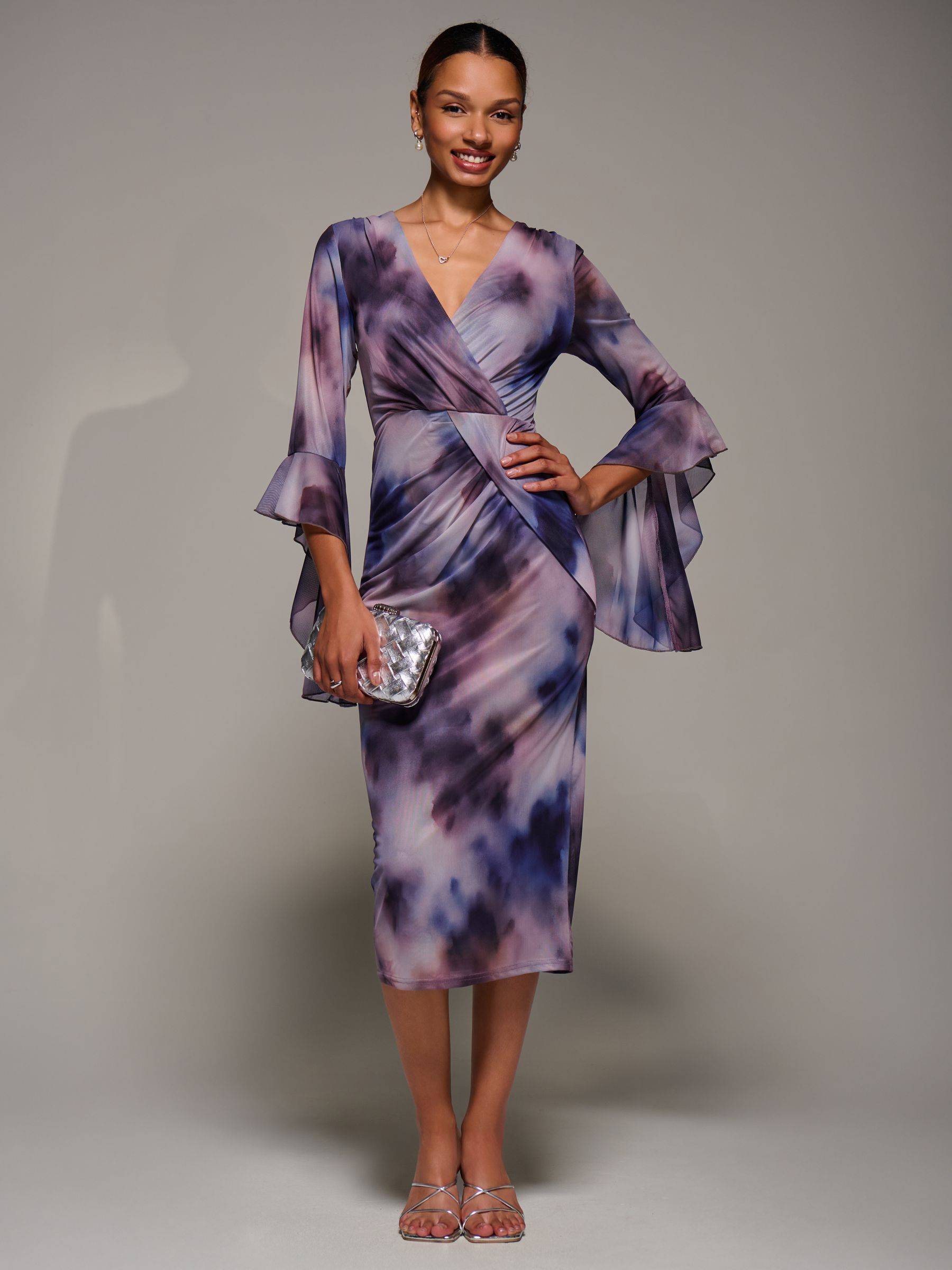 Jolie Moi Purple Ruffle Sleeve Ruched Mesh Bodycon Dress