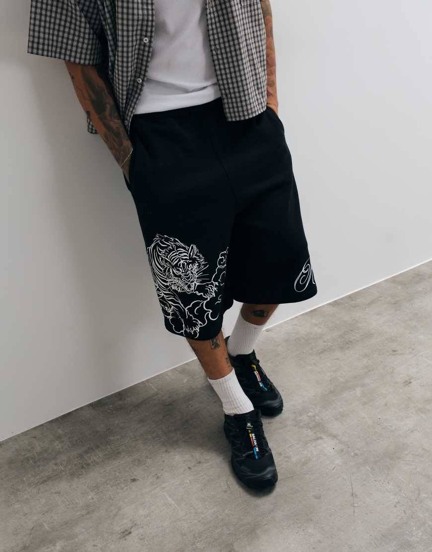 True Religion Tiger Script Drawstring Fleece Shorts - Jet Black