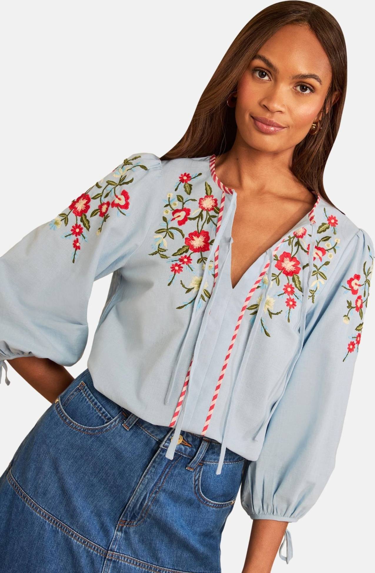 Love & Roses X RHS Embroidered Blouse - Pale Blue