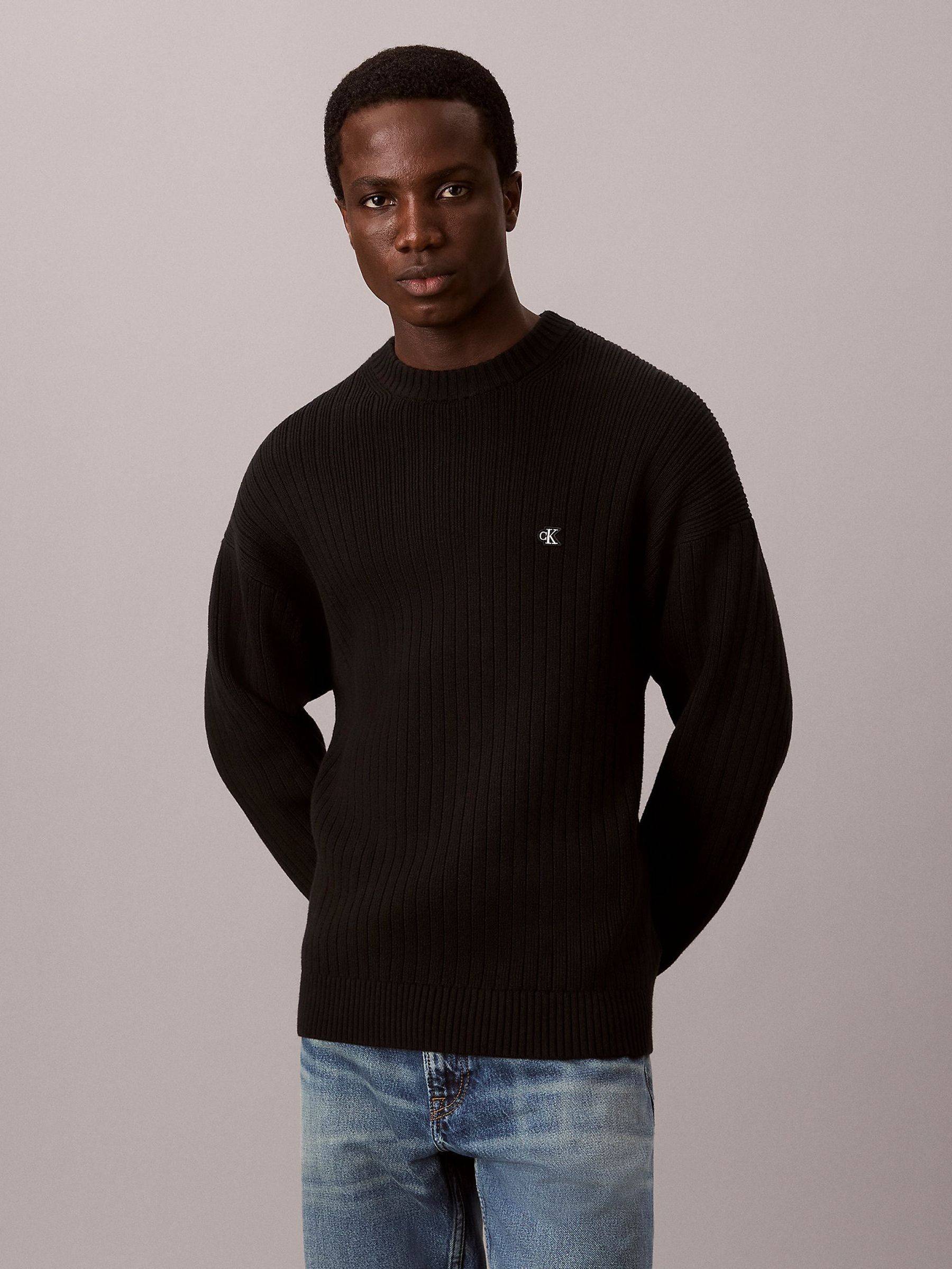 Calvin Klein Jeans Strickpullover Rippstrick Regular Fit Normal Rundhals Bündchen - Schwarz