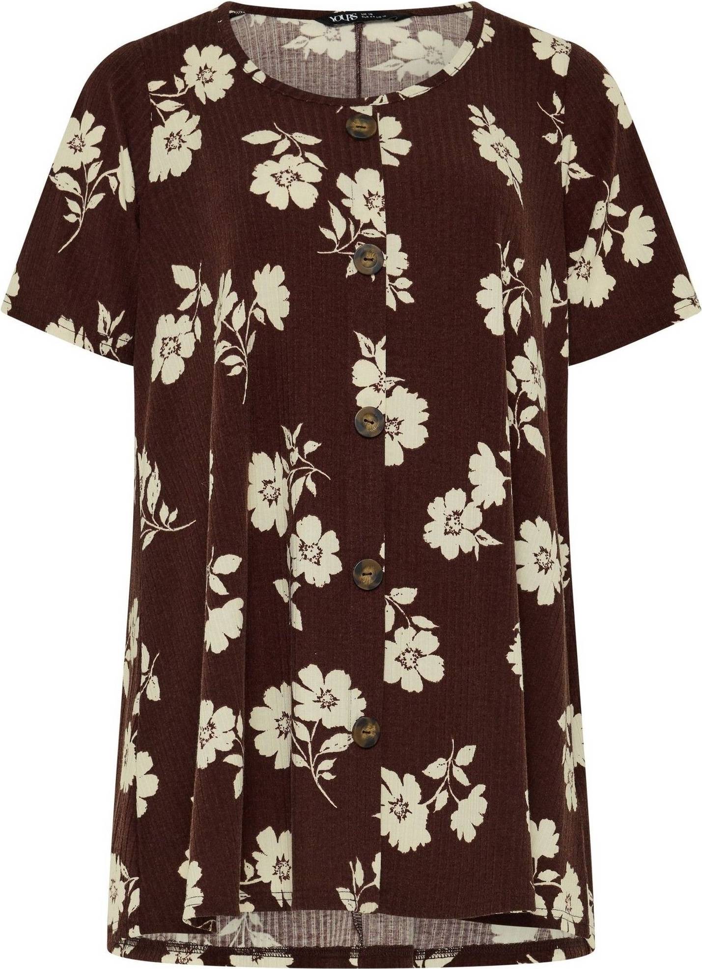 Yours Floral Button Front Ribbed Swing Top - Chocolate
