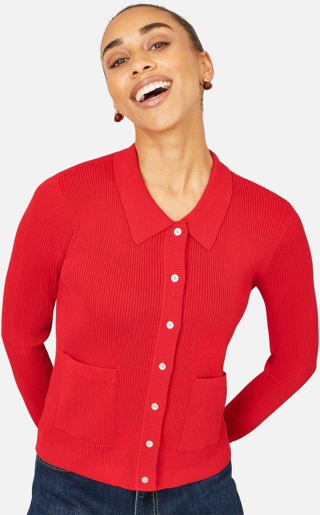 Yumi Ribbed Collar Button Up Cardigan - Red
