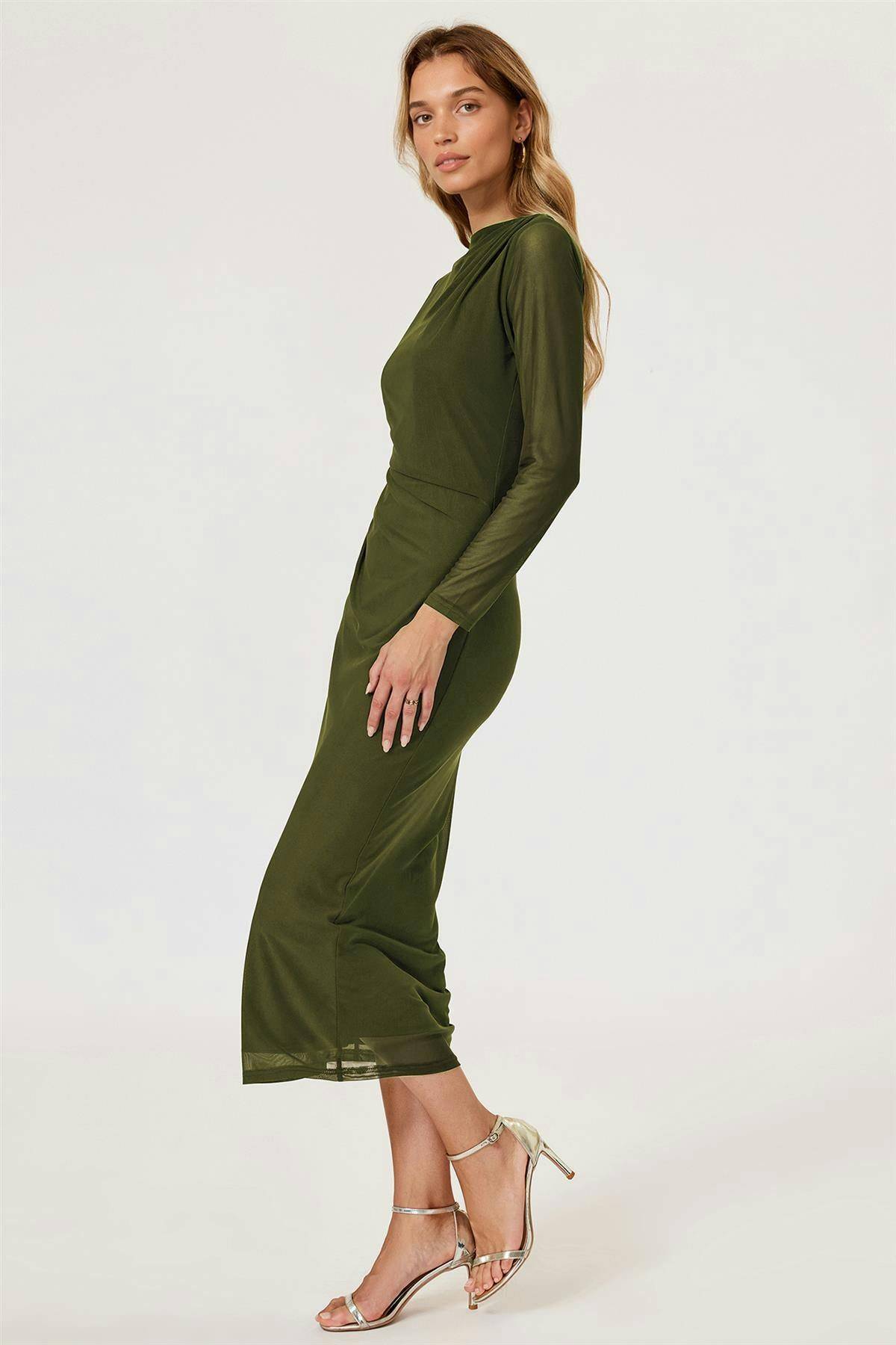 FS Collection Ruched Mesh Long Sleeve Midi Dress - Olive
