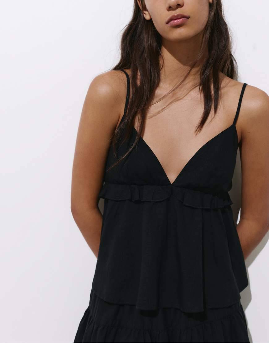 Linen Blend Ruffled Top - Black