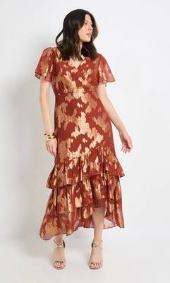 Wallis Metallic Ruffle Hem Midi Dress - Rust
