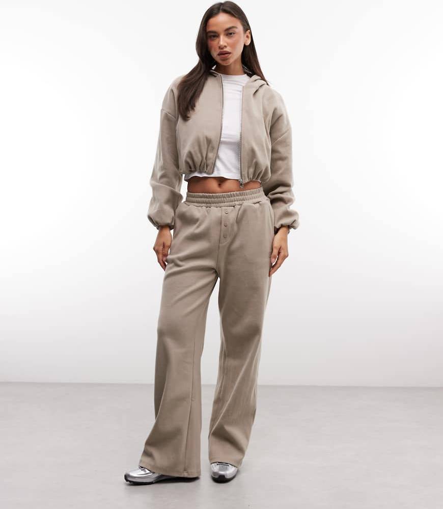 Ottoman Button Pull-On Wide Leg Ribbed Sweatpants - Beige
