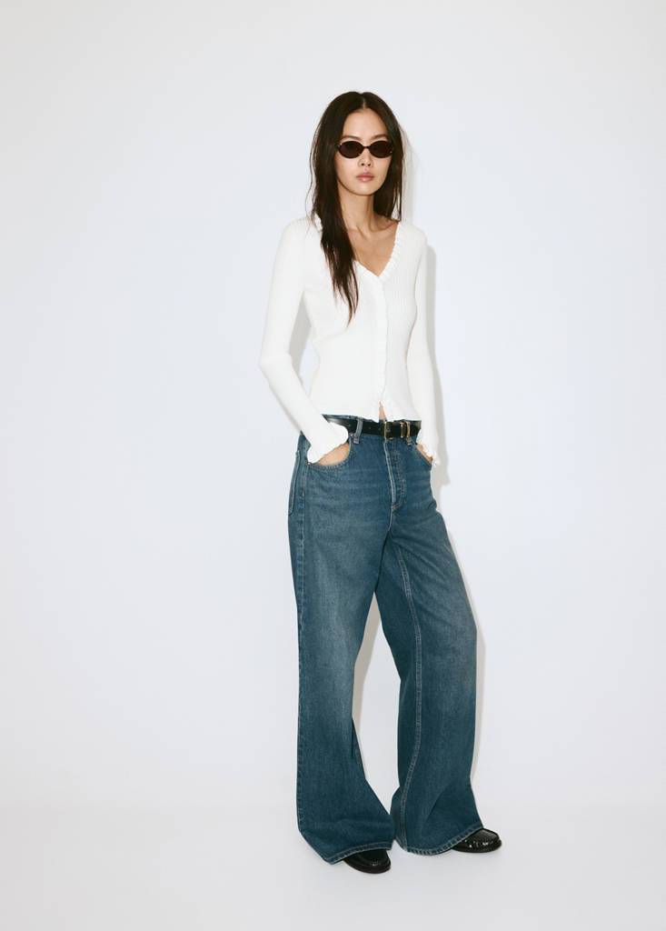 Mango Ribbed Ruffle Cardigan Dam Koftor - Light Beige