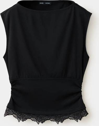 Mango Ruched Lace Top Black