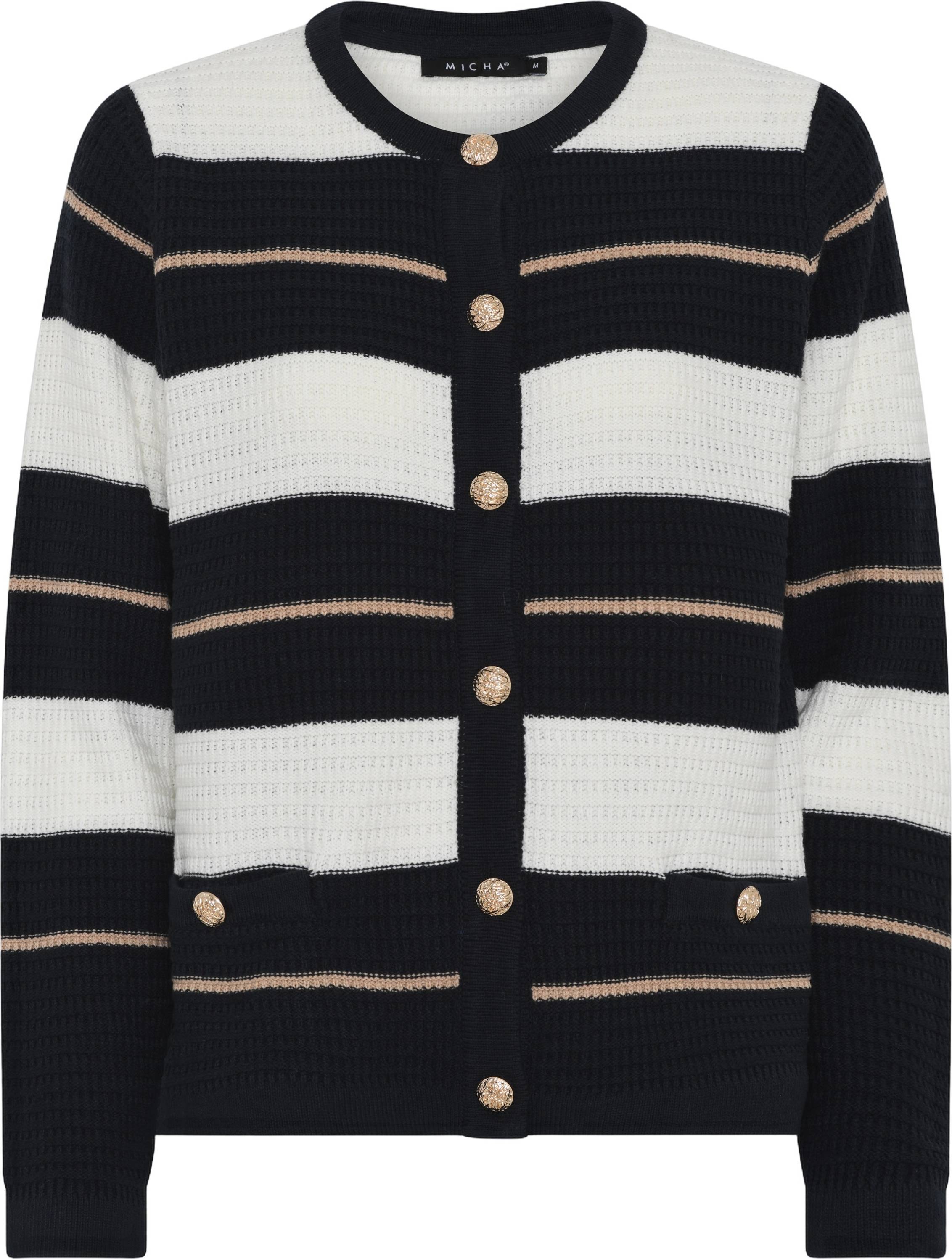 Relief Pattern Knit Dam Koftor Cardigans - Offwh/Navy