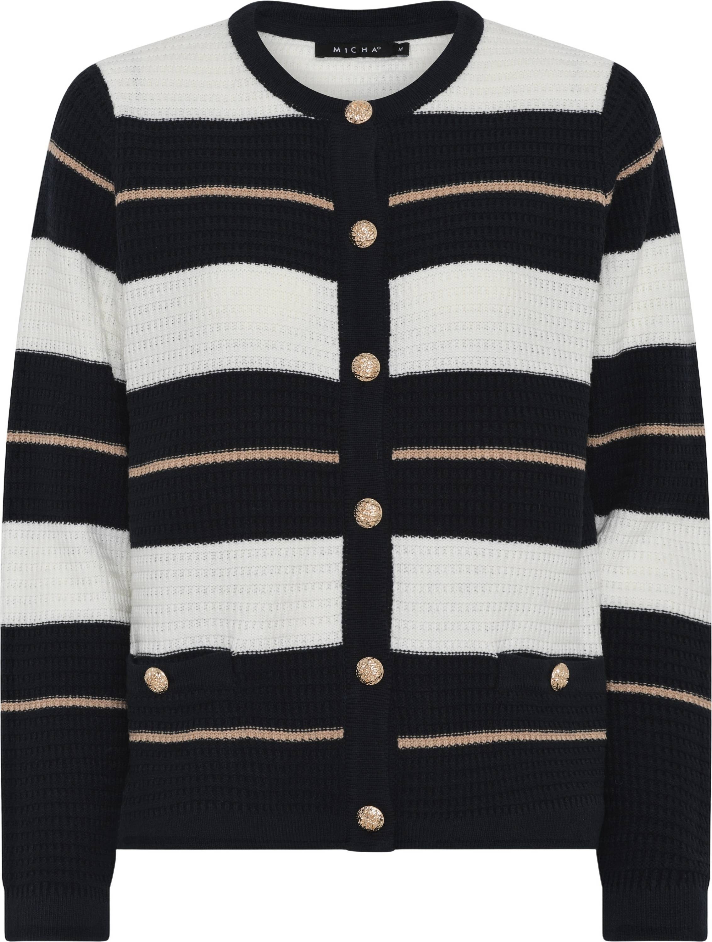 Relief Pattern Knit Dam Koftor Cardigans - Offwh/Navy