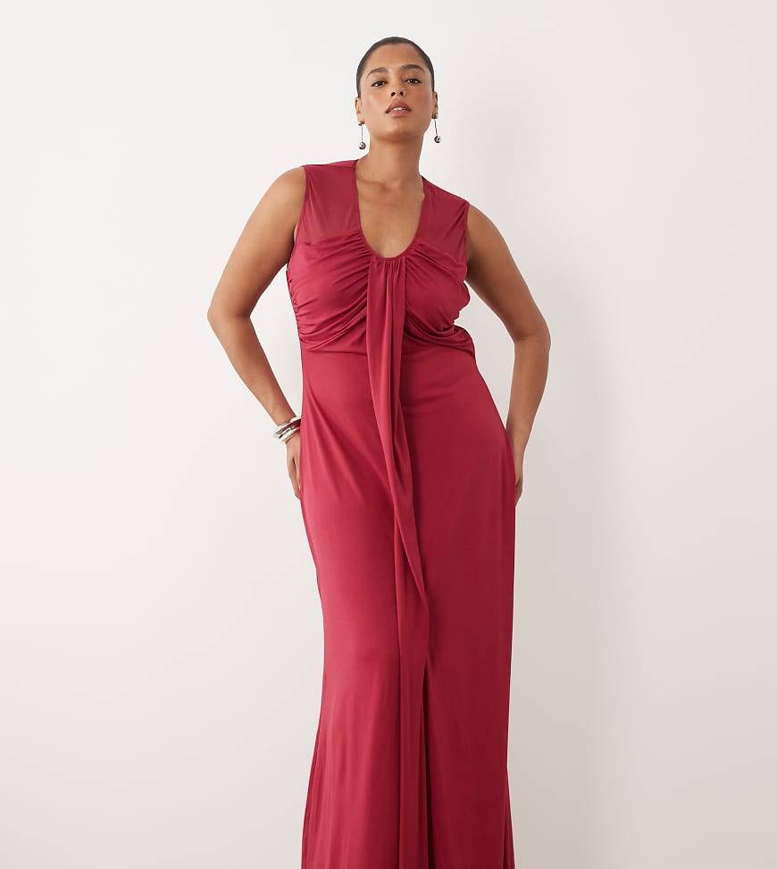 Raspberry 5 TFNC Plus Slinky V Neck Ruched Front Sleeveless Maxi Dress - Raspberry-Pink