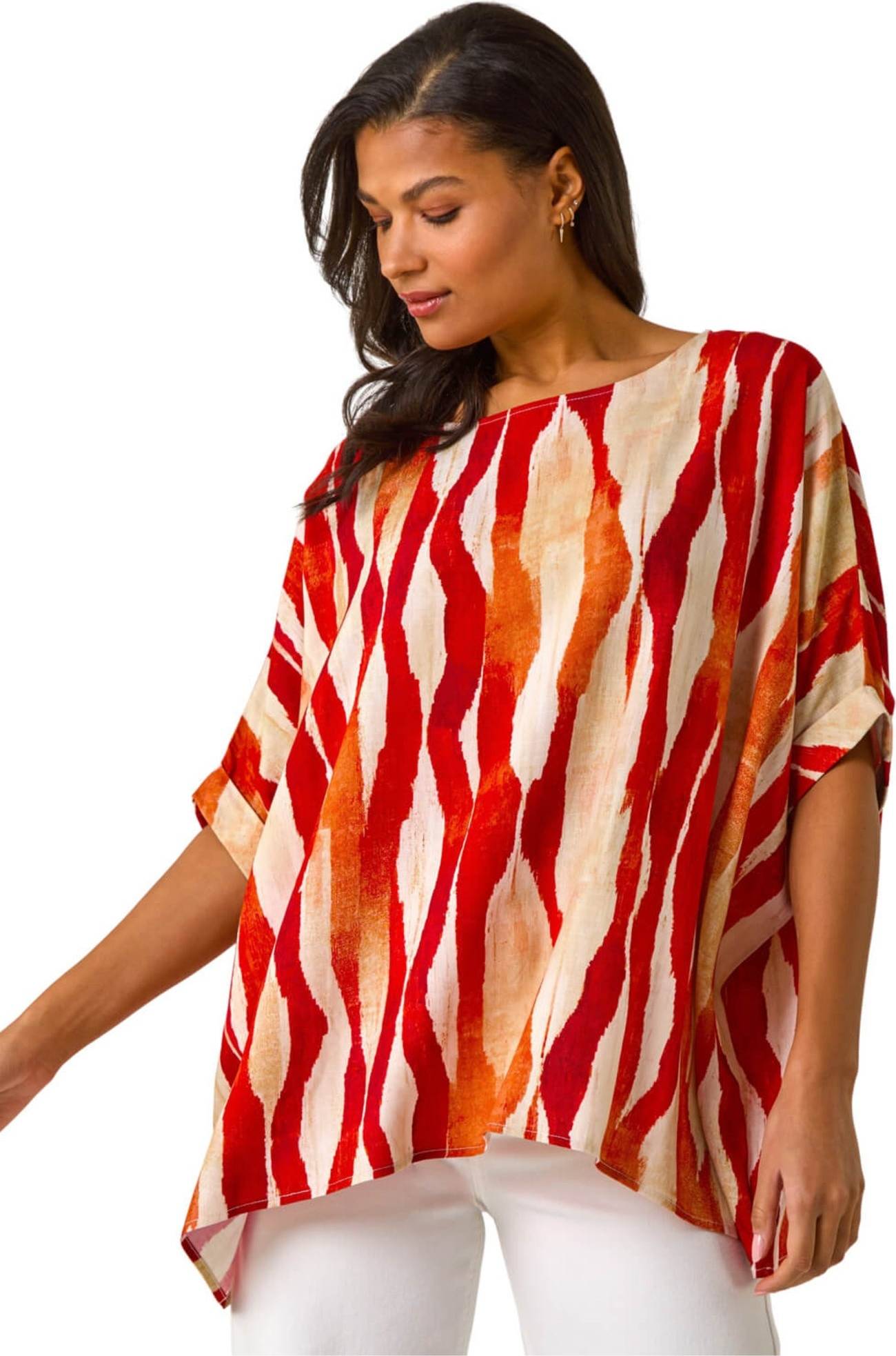 Roman Abstract Buttoned Tunic Top - Red