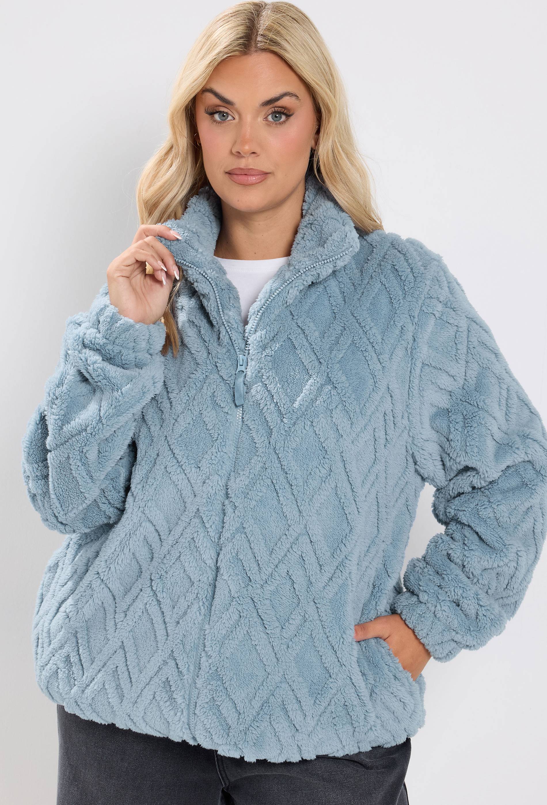 Yours Textured Fleece Jacket - Blue