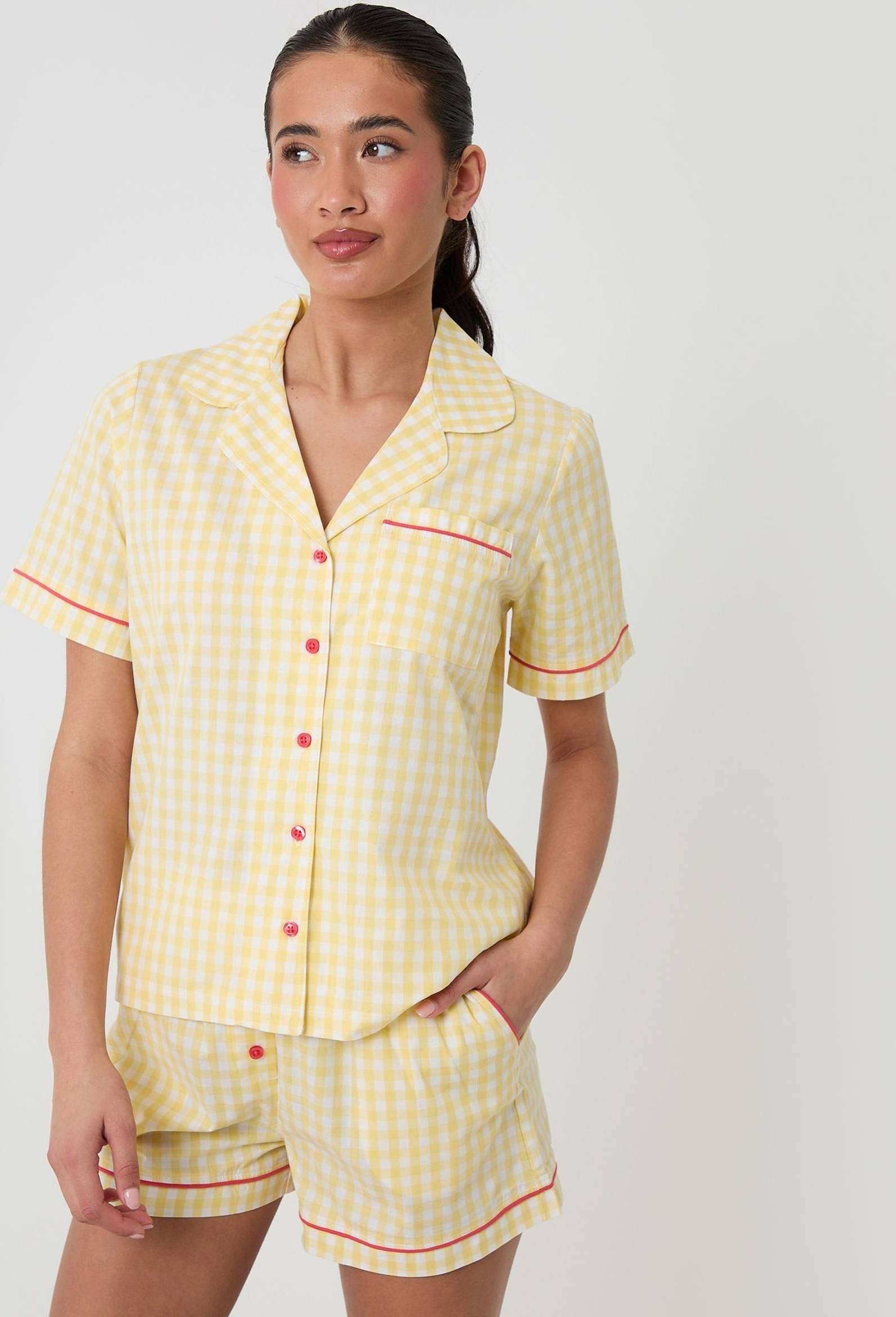 Threadbare Yellow Check Cotton Poplin Button Up Short Pyjama Set
