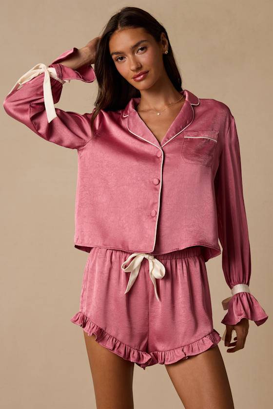 Lulus Pink Satin Ruffled Two-Piece Pajama Set
