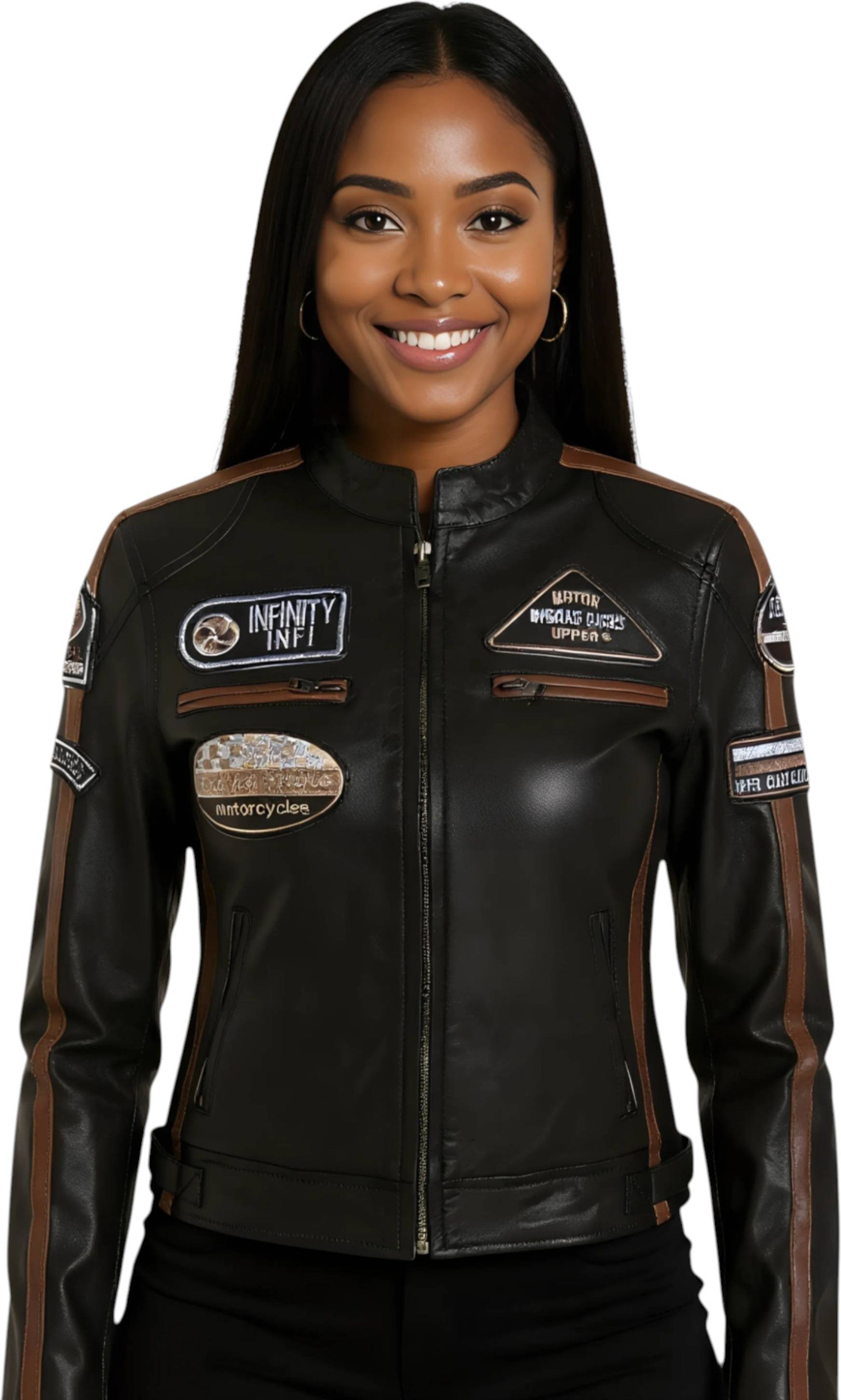 Infinity Leather Biker Racing Badges Jacket - Jet Black