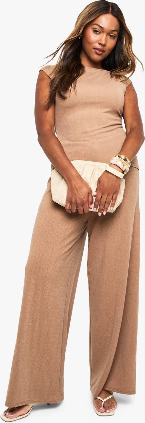 boohoo Plus Ripple Rib Drawstring Trouser - Mocha