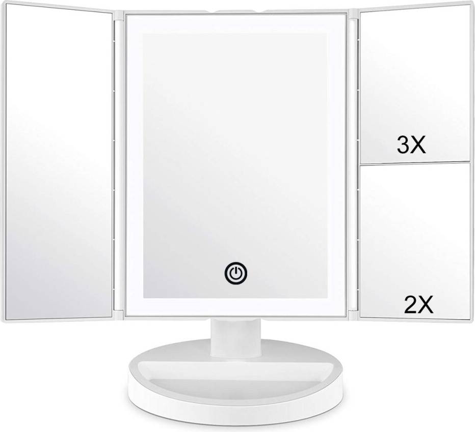 Makeup Vanity Mirror with LED Lighting Touch Screen Tri-Fold Adjustable Rotation Battery and USB