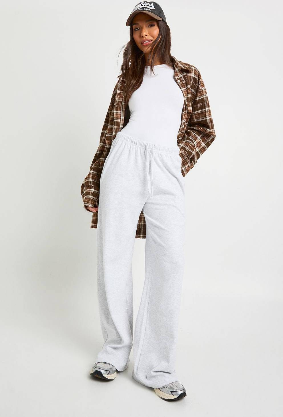 boohoo Basic Rib Wide Leg Trouser - Ash Grey
