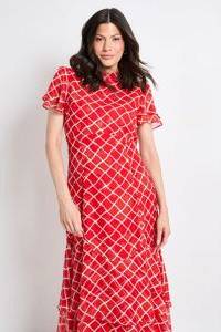 Wallis Womens Check Burn Out Ruffle Midi Dress - Red