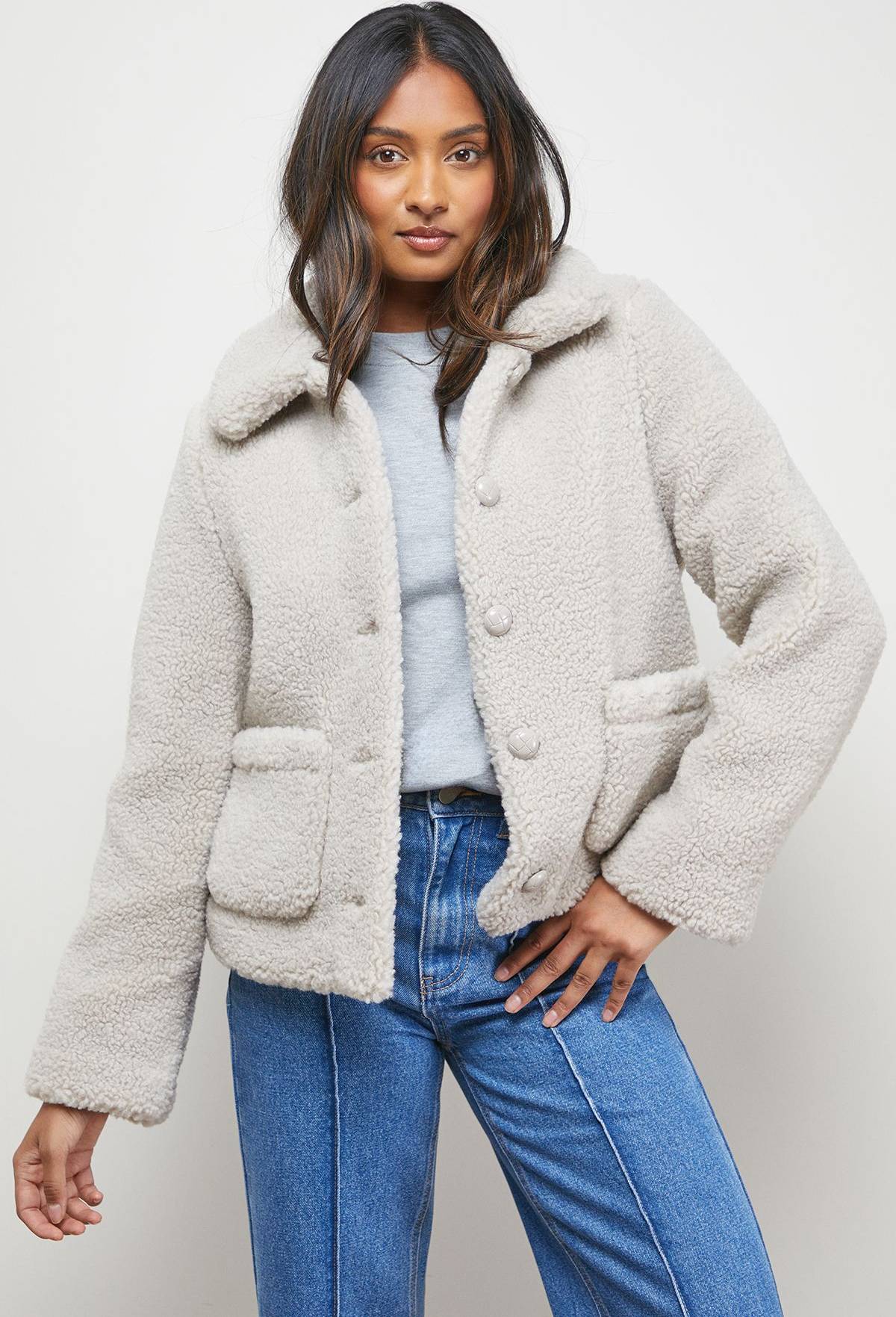 Teddy Shearling Button Through Short Jacket - Stone