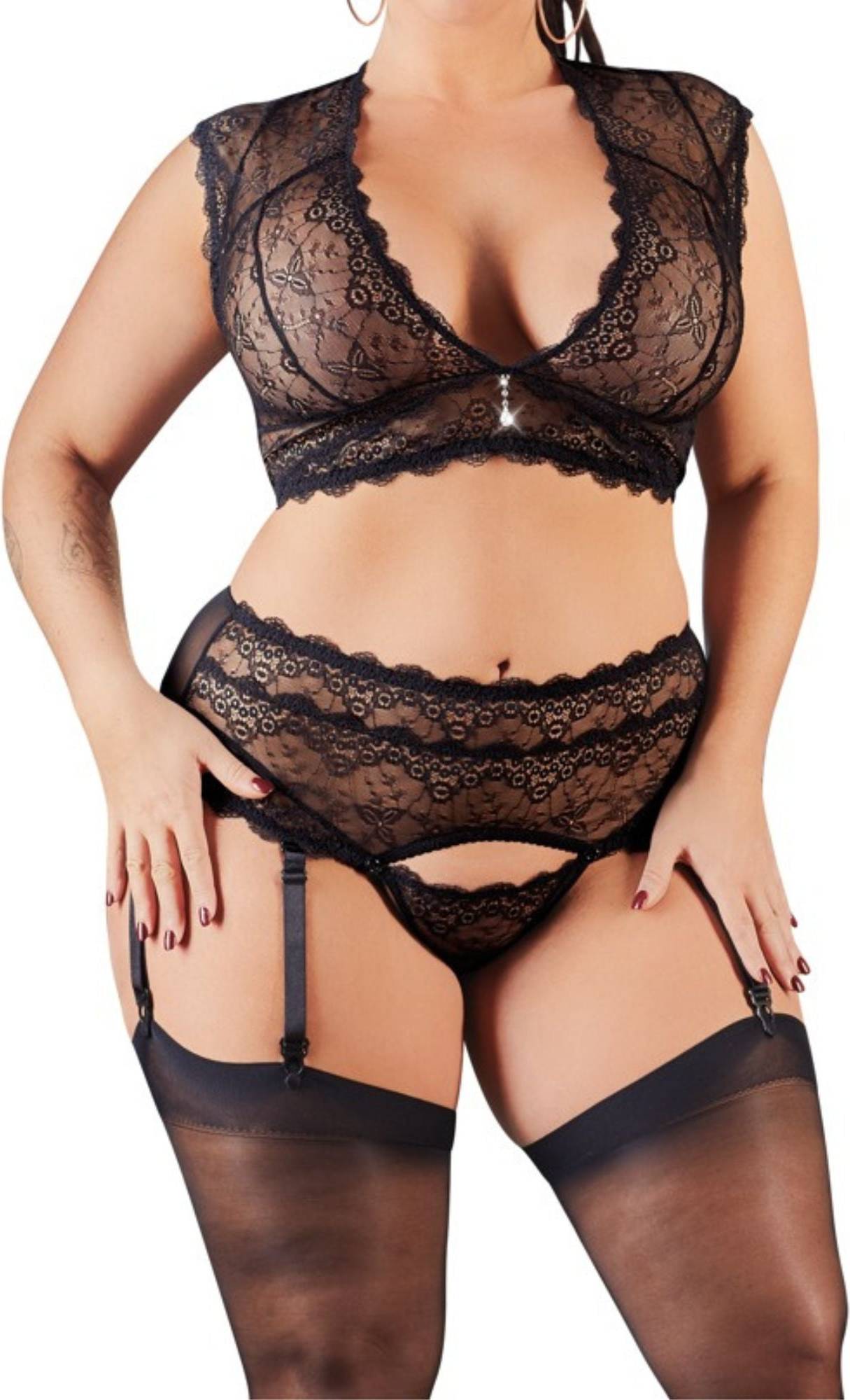 Cottelli Collection Plus Size Rhinestone Lace Lingerie Set - Black