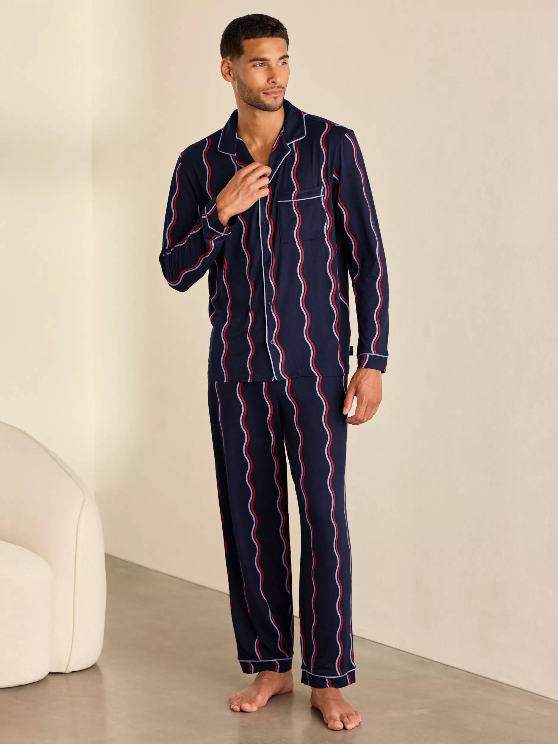 Chelsea Peers Ripple Stripe Button-Up Long Pyjama Set - Navy